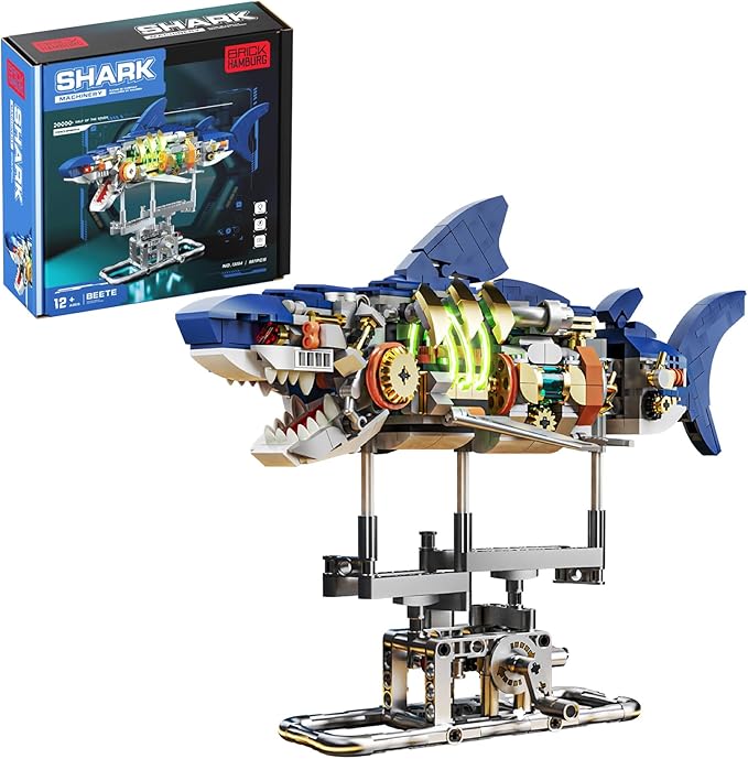 687-PCS Mechanical Shark Building Set with LED Light Movable Linkage Gears Display Stand - Ocean Building Block Toy for Adults Teens Kids Age 12+