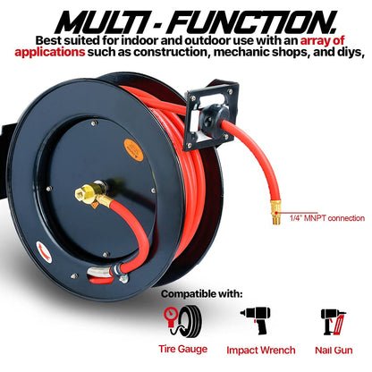 ReelWorks Air Hose Reel Retractable 3/8" Inch x 50' Feet Hybrid Polymer Hose, Max. 300 PSI & Extension Cord Reel Retractable 12awg x 80' Foot 3C/SJTOW Glow Strip Cable