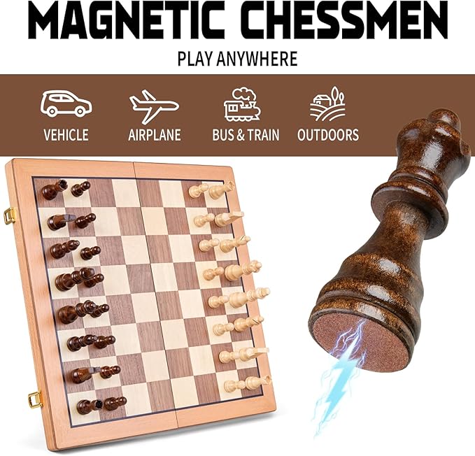 AMEROUS Magnetic Wooden Chess Set 15 Inches Handmade Wooden Folding Travel Chess Board Game Sets with Chessmen Storage Slots for Kids and Adults 2 Bonus Extra Queens Gift Box Packed
