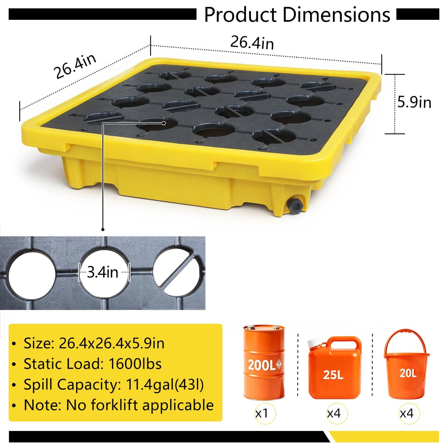 Spill Containment Tray with Drain, Anti-Leak Plastic Oil Tank Spill-Proof Pallet, Industrial Oil Drum Modular Platform,26.4 x 26.4 x 5.9in,1 Drum,2 Pcs