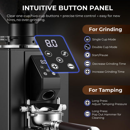Flyseago Commercial Coffee Grinder with Electric Tamper, 64mm SUS420 Flat Burr, 14 Grind Settings for Café, Bakery