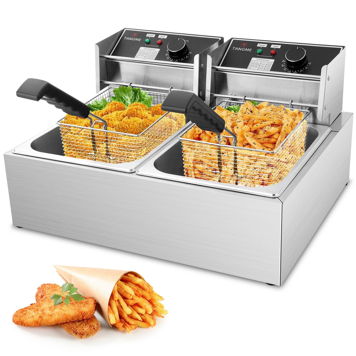 Commercial Deep Fryer, 3400W Electric Deep Fryers with 2x6.35QT Baskets Thickened Stainless Steel Countertop Oil Fryer 20.7QT Large Capacity with Lids Temperature Controller (12L)