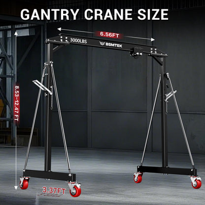 BSMTEK 1.5 Ton Gantry Crane MAX3000lbs Capacity, Adjustable Height (8.53-12.47 FT) & Width (6.56 FT), Steel I-Beam Construction, Portable Shop Hoist for Factories, Warehouses, Black