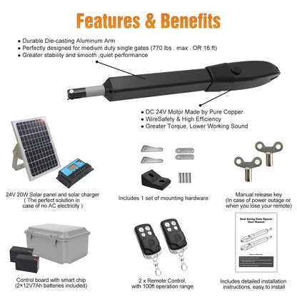 JUJIANG C026 Solar Gate Opener with Batteries & Solar Panel for Dual Swing Gates Up to 1540lb Automatic Gate Opener with Remote Complete Kit Medium Duty Electric Gate Opener Solar Powered 60W Motor