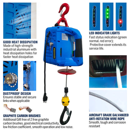 Bigorenda 3-in-1 Electric Hoist Winch,1100lb Capacity, Portable Electric Power Winch with Wire Wireless Remote Control,110V Electric Hoist Crane,26FT Lifting Height,for Warehouse,Garage,Lifting Towing