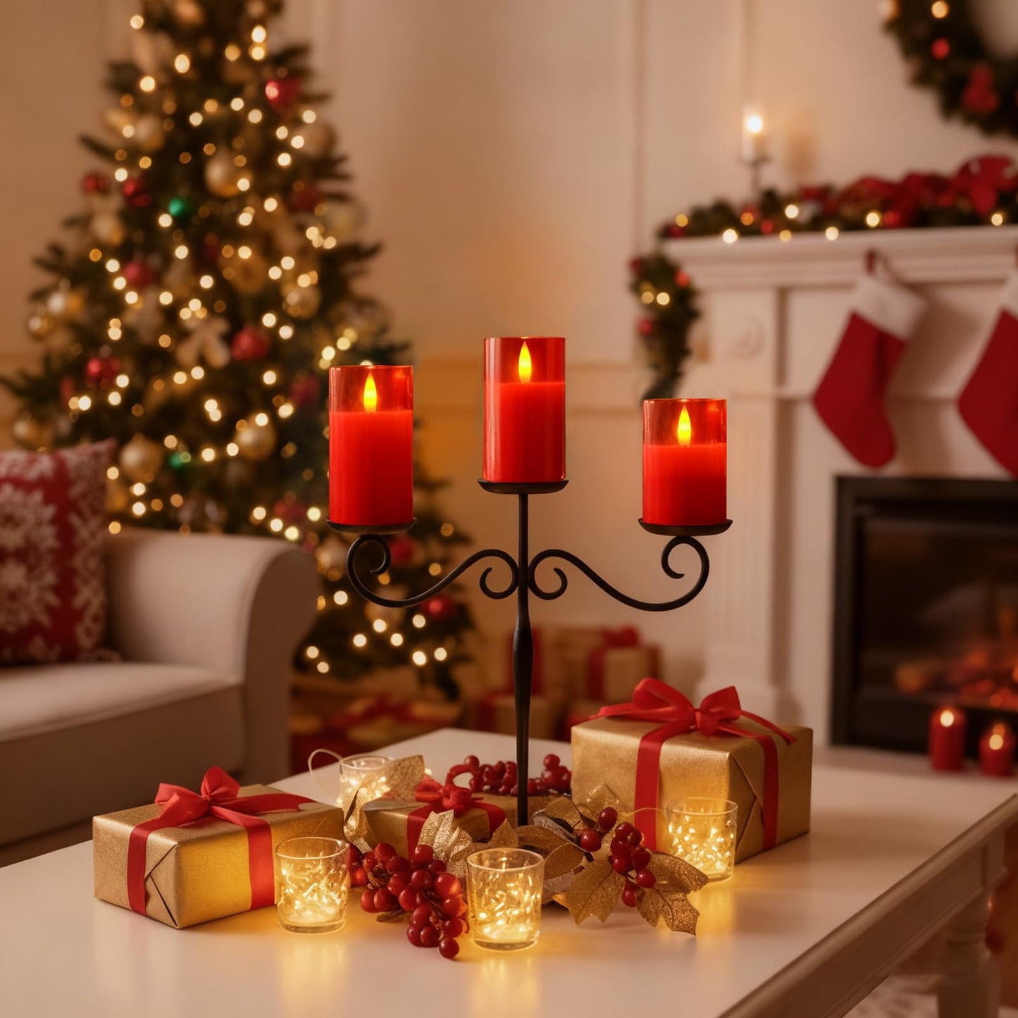 Amagic Christmas Glass Flameless Candles with Remote, Real Wax Pillar Candles Batter Operated with Timer, Red LED Fake Candle for Thanksgiving Decor, Set of 3, D3 xH4 5" 6"