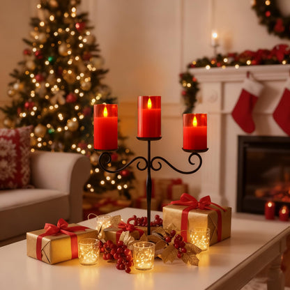 Amagic Christmas Glass Flameless Candles with Remote, Real Wax Pillar Candles Batter Operated with Timer, Red LED Fake Candle for Thanksgiving Decor, Set of 3, D3 xH4 5" 6"
