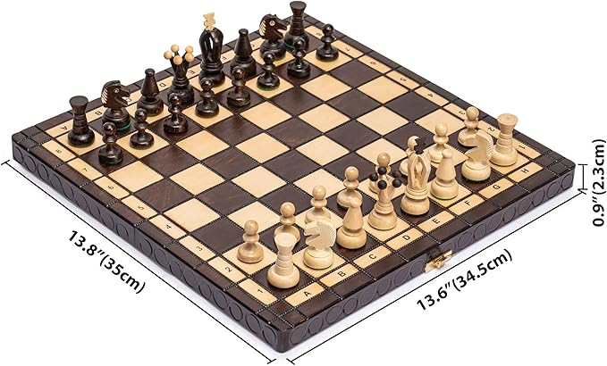 Husaria European International Chess Wooden Game Set King's Classic - 13.8 Inches Medium Size Chess Set with Handcrafted Chessmen and Felted Folding Board