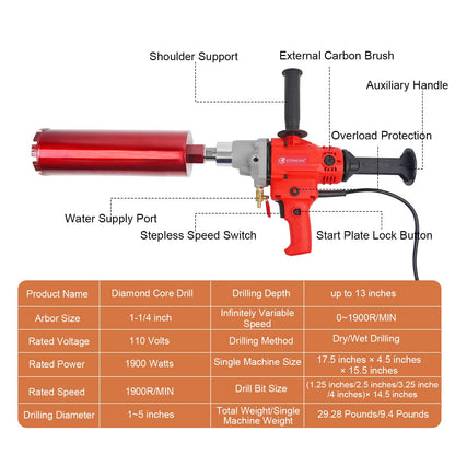 Gtonksye Diamond Core Drilling Machine, Handheld Dry and Wet Core Drill Rig, 1-1/4"Threaded Shaft, Equipped with Wet Drill Bits 1.25", 2.5", 3.25",4"and Water Pump Set, for Concrete Bricks and Stones