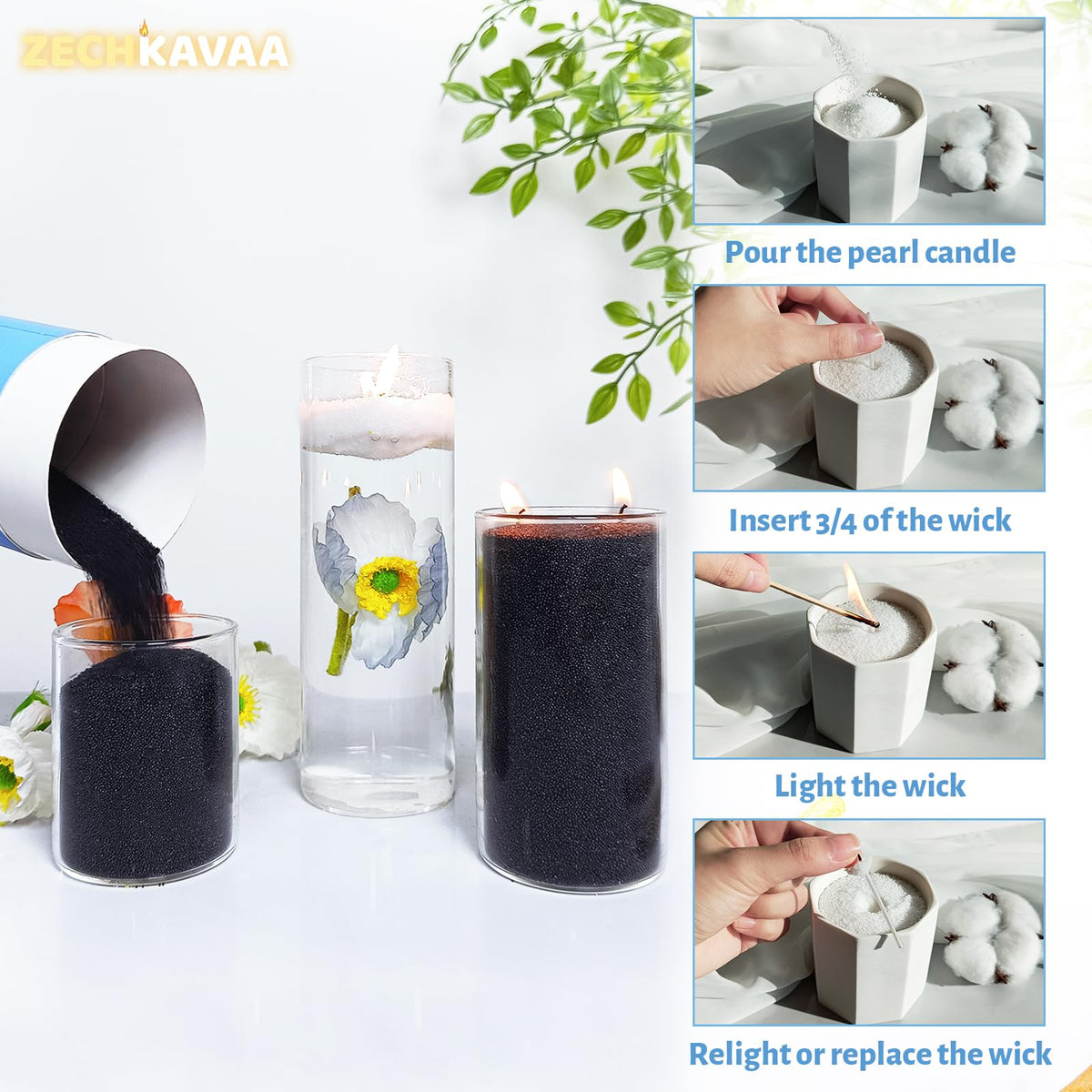 Sandalwood Scented Black Pearled Candle 18oz Luxury Sand Candle Granulated Wax - 30 Cotton Wicks – Wax for Candle Making Decorative Candles Smooth and Clean Burning Lasts up to 120 Hours