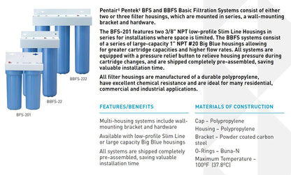Pentair Pentek BBFS-22 Big Blue Two-Housing Filtration System, 1" NPT #20 High Capacity Water Filter Housing, Holds 20" x 4.5" Filter Cartridges