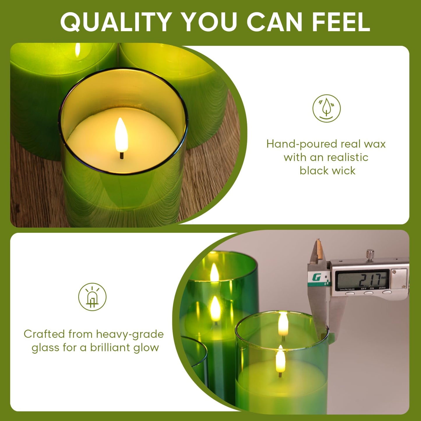 Eywamage Green Glass Flameless Pillar Candles with Remote, Flickering Spring Battery LED Candles Holiday Decor Set of 3