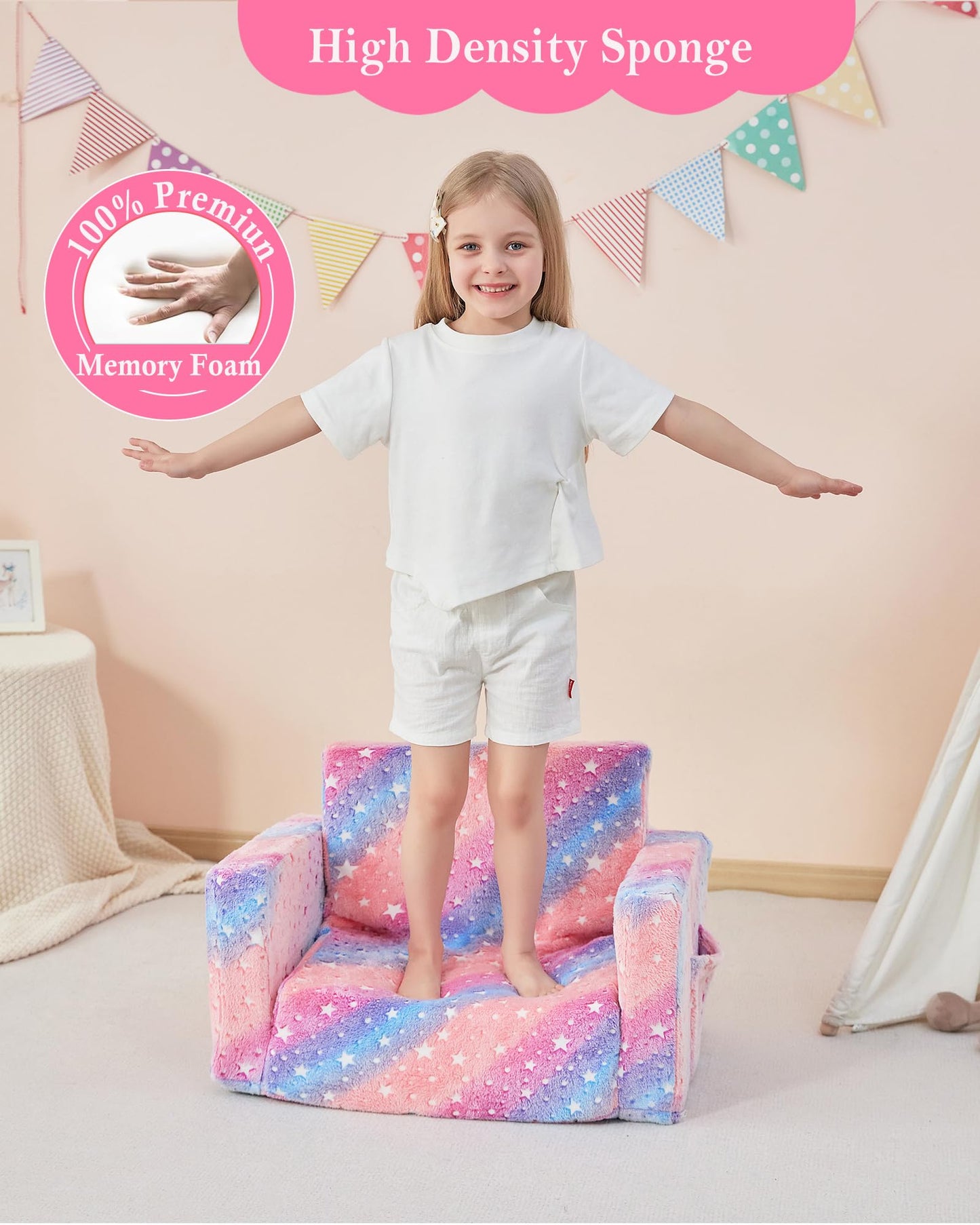 lasoftan Toddler Couch, 2-in-1 Soft Kids Couch Bed Fold Out, Toddler Chairs Comfy for Boys & Girls, Convertible Kids Sofa to Lounge for Playroom, Gift for Birthday, Children's Day- Glow Star