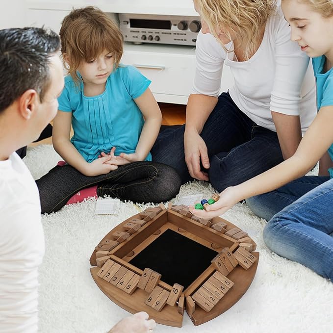 Shut The Box Game for 1-6 Players Plusvivo Large Round Wooden Board Dice Game with 14 Dice for Adults 6 Way Clever Math Game for Home Classroom or Pub