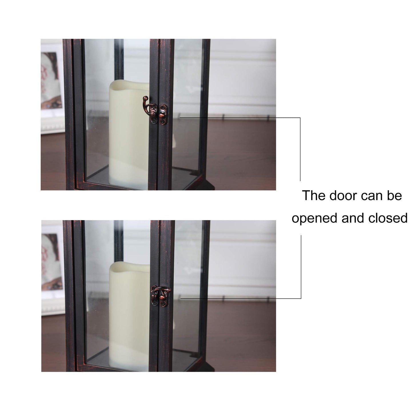 WRalwaysLX 15 inch H The Door-Open Decorative Lantern with flameless LED Candle Light, Outdoor/Indoor LED Lantern, wtith Timer Candle，Plastic with Bronze Undertones.USE 2C Battery(not Include)