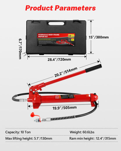 10 Ton Porta Power Hydraulic Jack Kit, 20000 LBS Heavy Duty Portable Hydraulic Ram Set with 17 Pcs Accessories & Carrying Case, for Auto Truck Farm Equipment Repair, Max Lift 5.1 Inch – Red