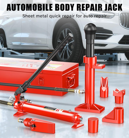 Hydraulic Body Repair Kit 12 Ton, Portable Automotive Floor Jack Ram Pump Set, All Steel Frame Straightening Tool with Extension Tubes, Spreader & Wedge Heads