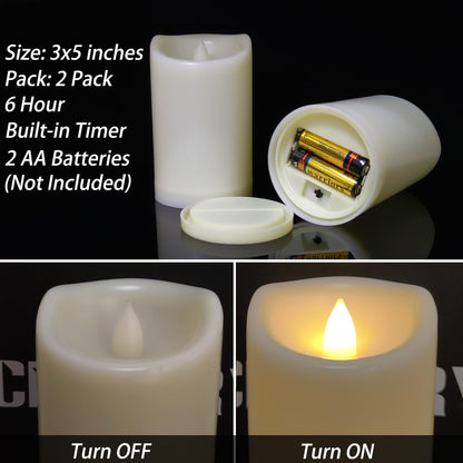 2 Pack Outdoor Battery Operated Candles with Timer (3x5 Inch) Waterproof Flameless Flickering Pillar Candles Plastic LED Fake Candle for Halloween Christmas Decoration Outside Lantern Festival Decor