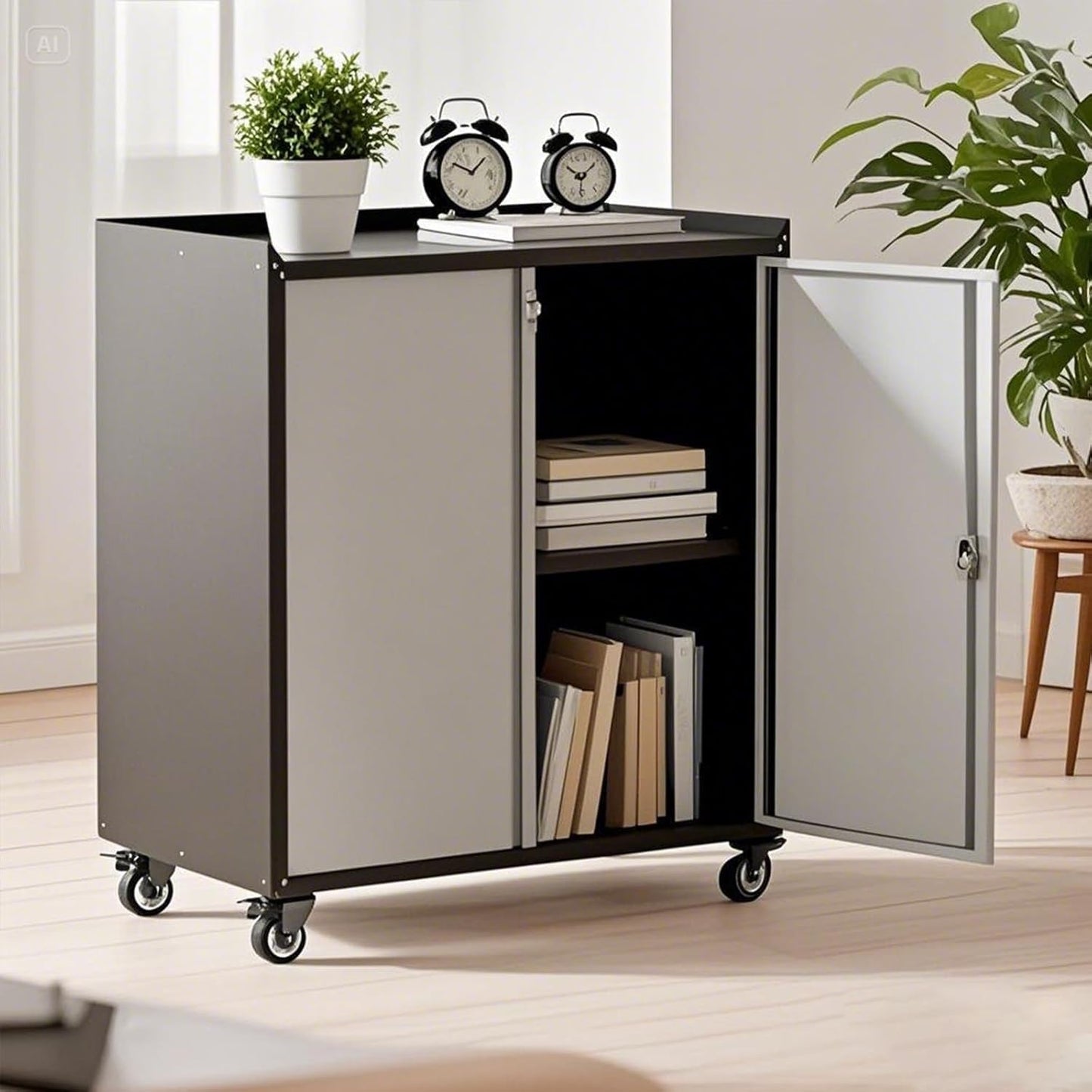 GAOMON 35" H Metal Locking Cabinet with Door, Garage Storage Cabinet with Adjustable Shelves, Rolling Lockable Steel Cabinets with Wheels & Desktop, Tool Cabinets for for Garden Office Home - Grey