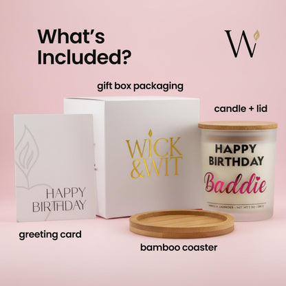 Best Friend Birthday Gifts for Women – Happy Birthday Baddie Soy Candle Gift Set, Vanilla Lavender, 50+ Hour Burn, Ready to Gift Box by Wick and Wit