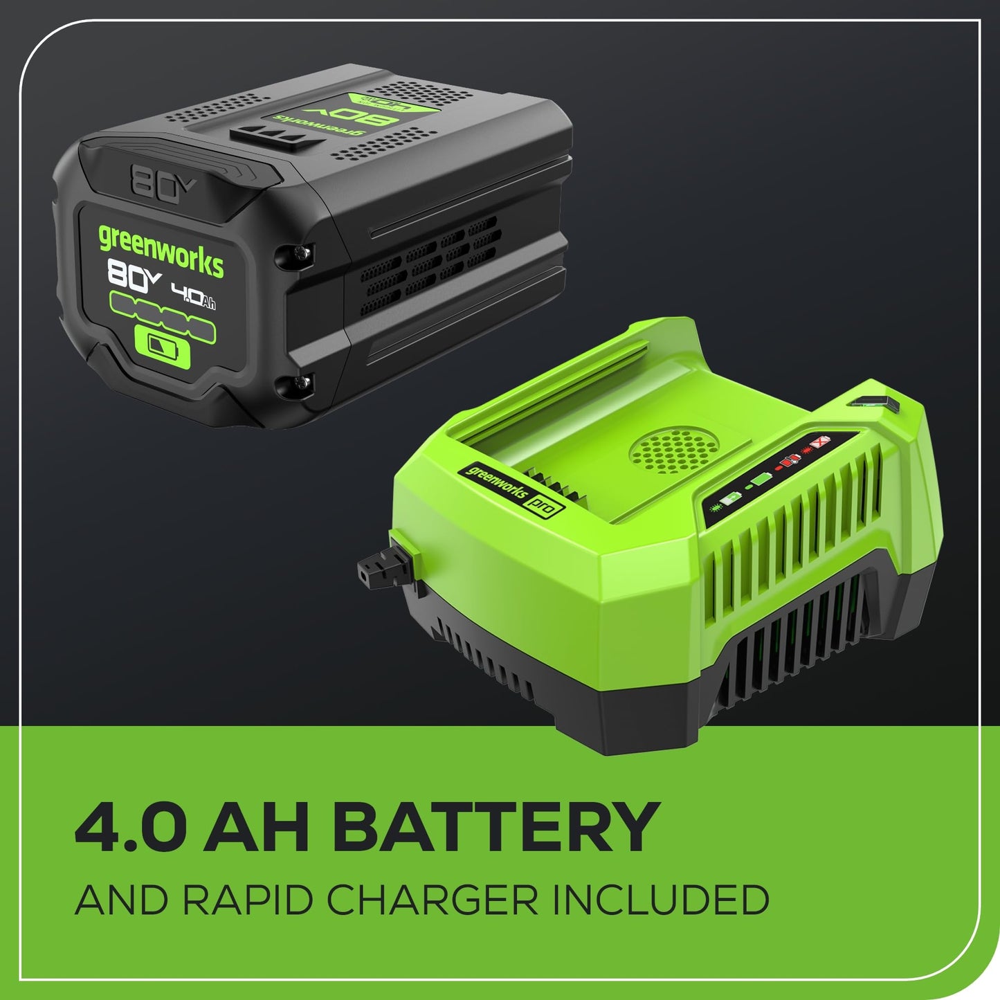Greenworks 80V (770 CFM / 190 MPH) Brushless Cordless Leaf Blower (Turbo Button, Cruise Control, 28 CC Gas Equivalent), 4.0Ah Battery (320 Wh Max) + Rapid Charger