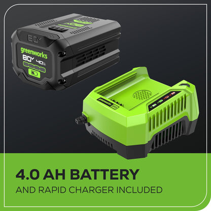 Greenworks 80V (770 CFM / 190 MPH) Brushless Cordless Leaf Blower (Turbo Button, Cruise Control, 28 CC Gas Equivalent), 4.0Ah Battery (320 Wh Max) + Rapid Charger
