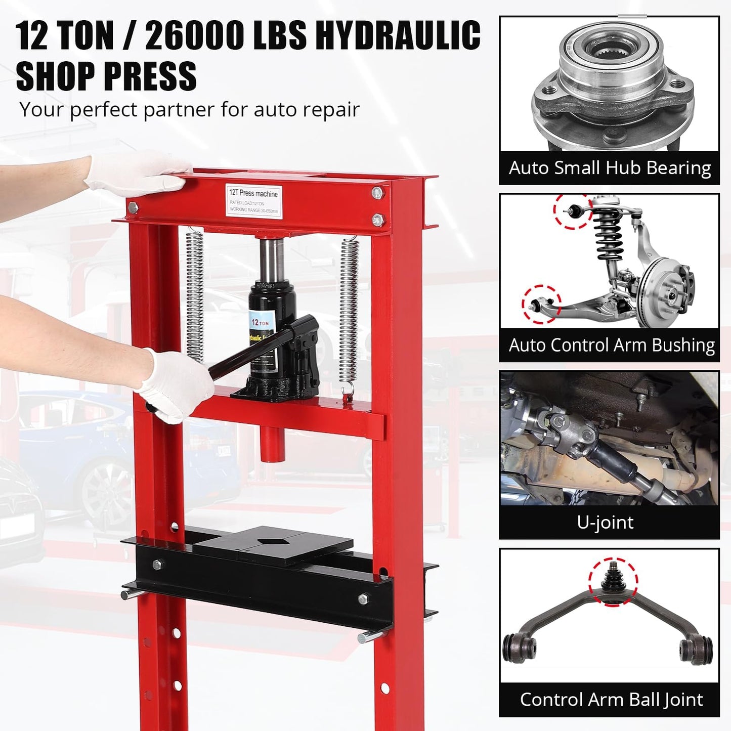 12-Ton H-Frame Hydraulic Press with Adjustable Table & 2 Press Plates, Heavy-Duty Shop Press for u-Joints, Metal Bending, and Garage Repairs