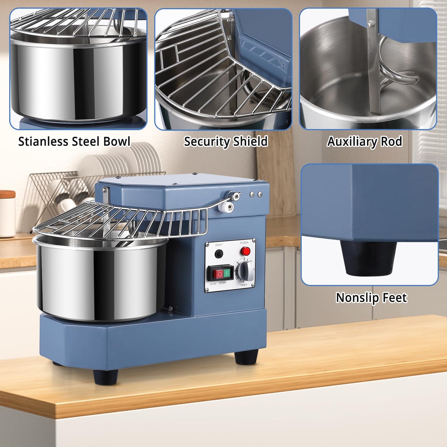 Garvee Commercial Dough Mixer 10.5 QT, 650W Dual Rotating Dough Kneading Machine with Food-Grade Stainless Steel Bowl, Security Shield & Timer, Electric Spiral Mixer for Restaurant Bakery Pizzeria