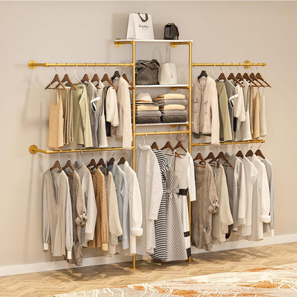 KaKaBB Heavy Duty Gold Pipe Clothing Rack - Wall Mounted Industrial Clothes Rack, DIY Corner Closet System with Shelves, Adjustable Walk-in Closet Organizer (GOLD, 94.5")