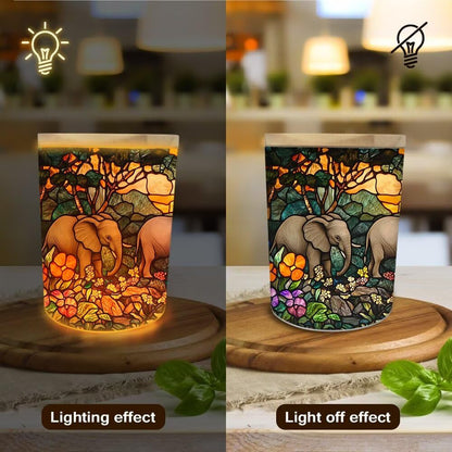 Stained Glass Elephants Tea Light Candle Holders, Forest Rivers Tealight Candle Holder Jar with Wooden Lid, Votive Candlesticks for Table Centerpieces, Christmas,Birthday Party,Home Decor