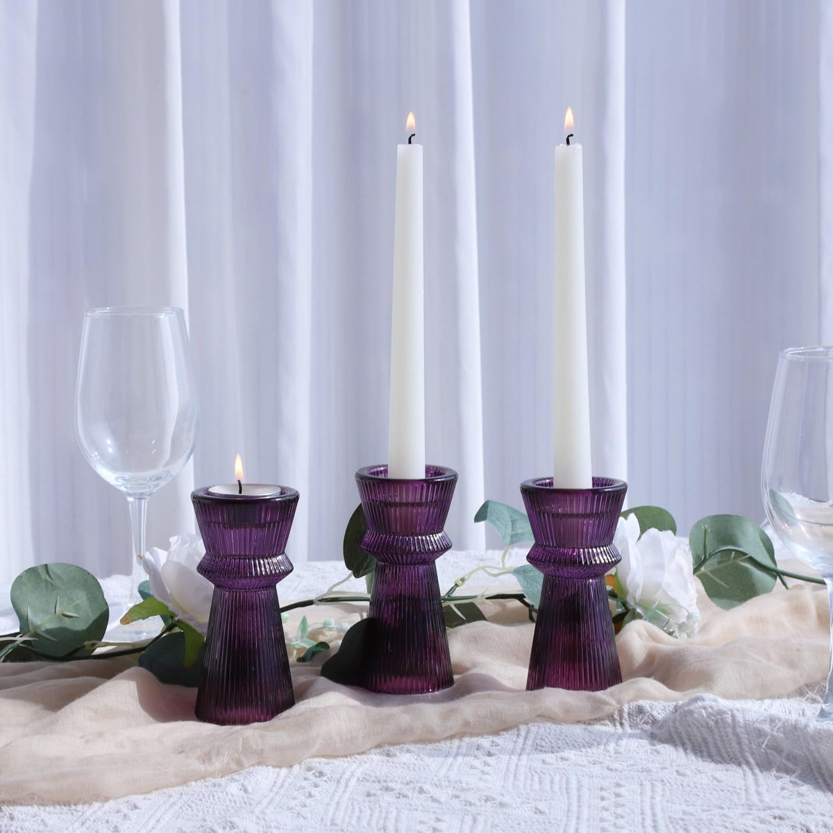 VOHO Purple Ribbed Taper Candle Holders Set of 3, Minimalist Style Glass Candle Holder for Candlesticks and Tealight Candles, Classy Candlestick Holders for Easter Halloween Wedding Decor