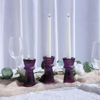 VOHO Purple Ribbed Taper Candle Holders Set of 3, Minimalist Style Glass Candle Holder for Candlesticks and Tealight Candles, Classy Candlestick Holders for Easter Halloween Wedding Decor