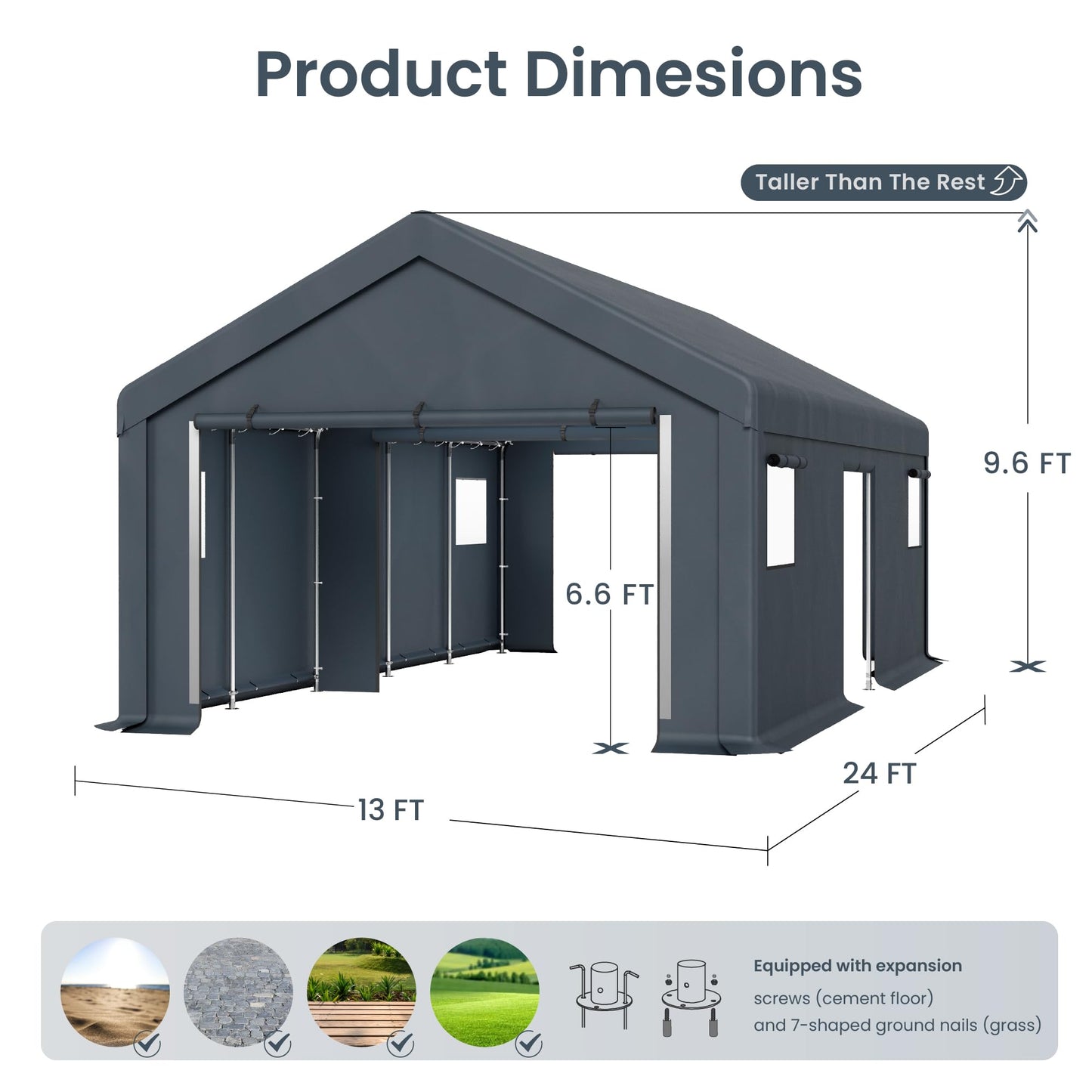 PHI VILLA Portable Garage Carport,13x24ft Car Tent Shed Carports canopy Outside Storage Tents Shelter, Heavy Duty Garages Shelters Waterproof UV Resistant with Rollup Zipper Doors for Cars,Boats,Tools
