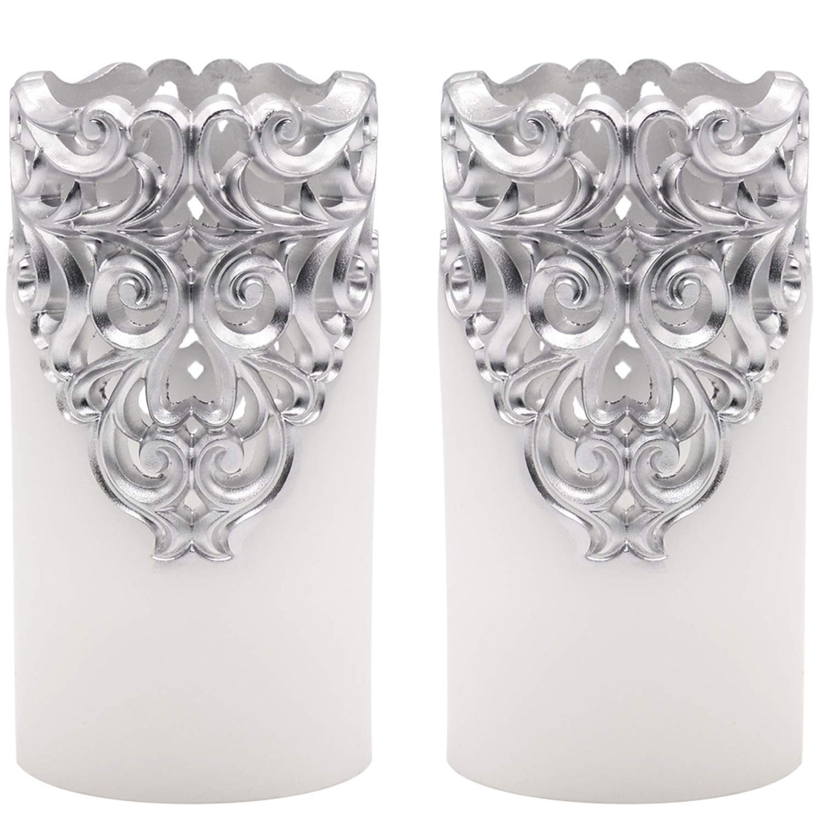 DRomance Hollow Silver Flameless Flickering Candles with 5H Timer, Battery Operated LED Pillar Candles Unscented Wax Warm Light Christmas Home Decoration(Set of 2, 3 x 6 Inches)