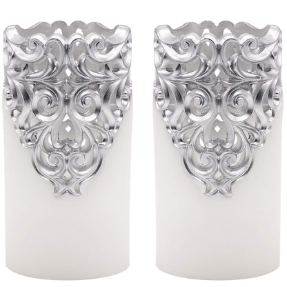 DRomance Hollow Silver Flameless Flickering Candles with 5H Timer, Battery Operated LED Pillar Candles Unscented Wax Warm Light Christmas Home Decoration(Set of 2, 3 x 6 Inches)