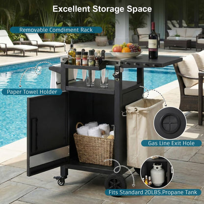 Dfchlda 33.9" Outdoor Grill Cart with Stainless Steel Top, Foldable Table, Storage Cabinet, Pizza Oven Table on Wheels, Hooks & Spice Rack for BBQ, Waterproof Cover Included, Black