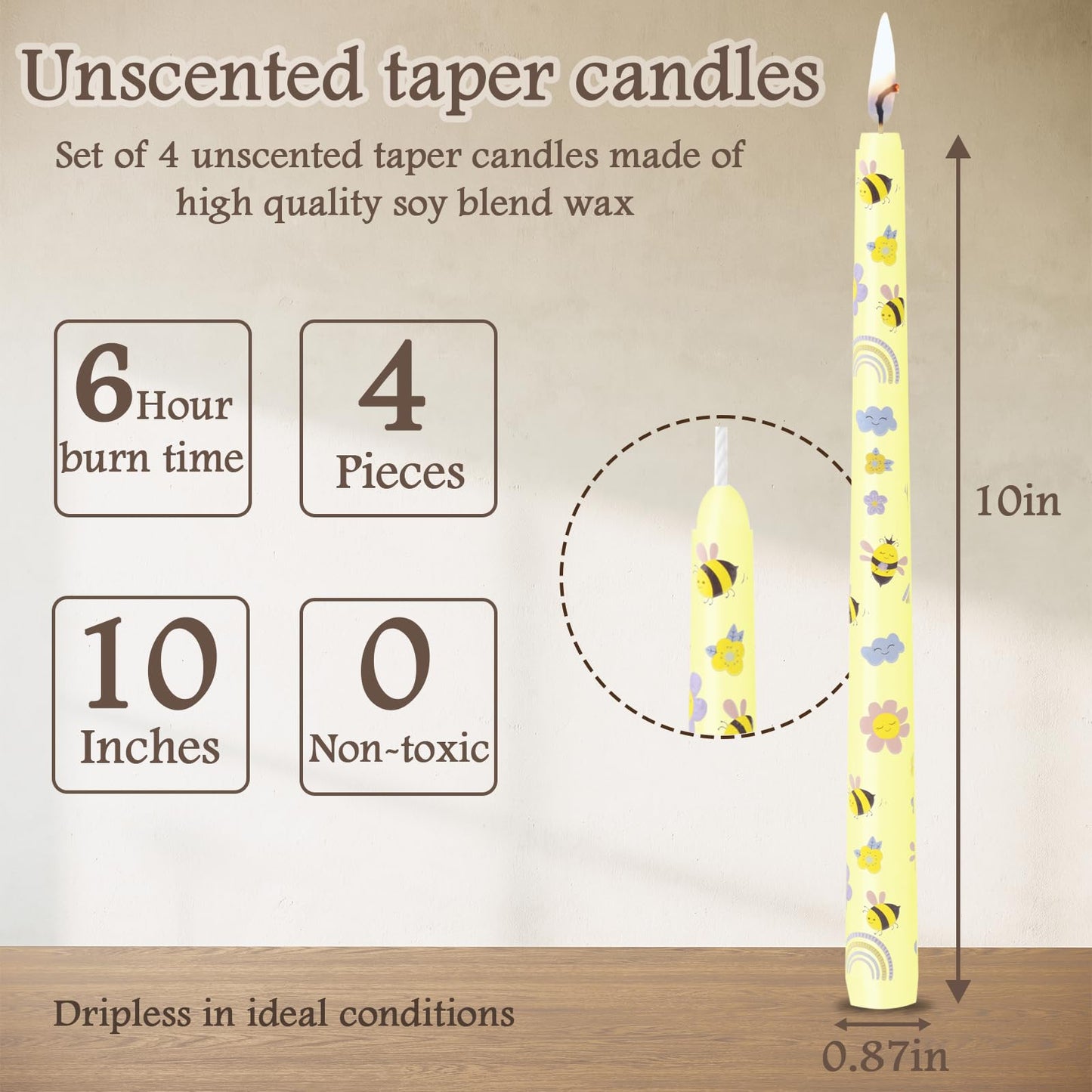 10 Inch Taper Candles with Honeybee Design – Smokeless Dripless Yellow Dinner Candles for Table, Party, Farmhouse Decor (4-Pack Assorted Yellow A)