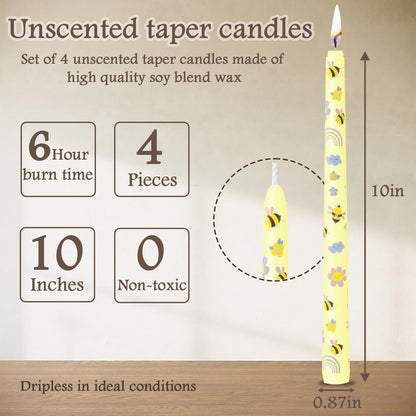 10 Inch Taper Candles with Honeybee Design – Smokeless Dripless Yellow Dinner Candles for Table, Party, Farmhouse Decor (4-Pack Assorted Yellow A)