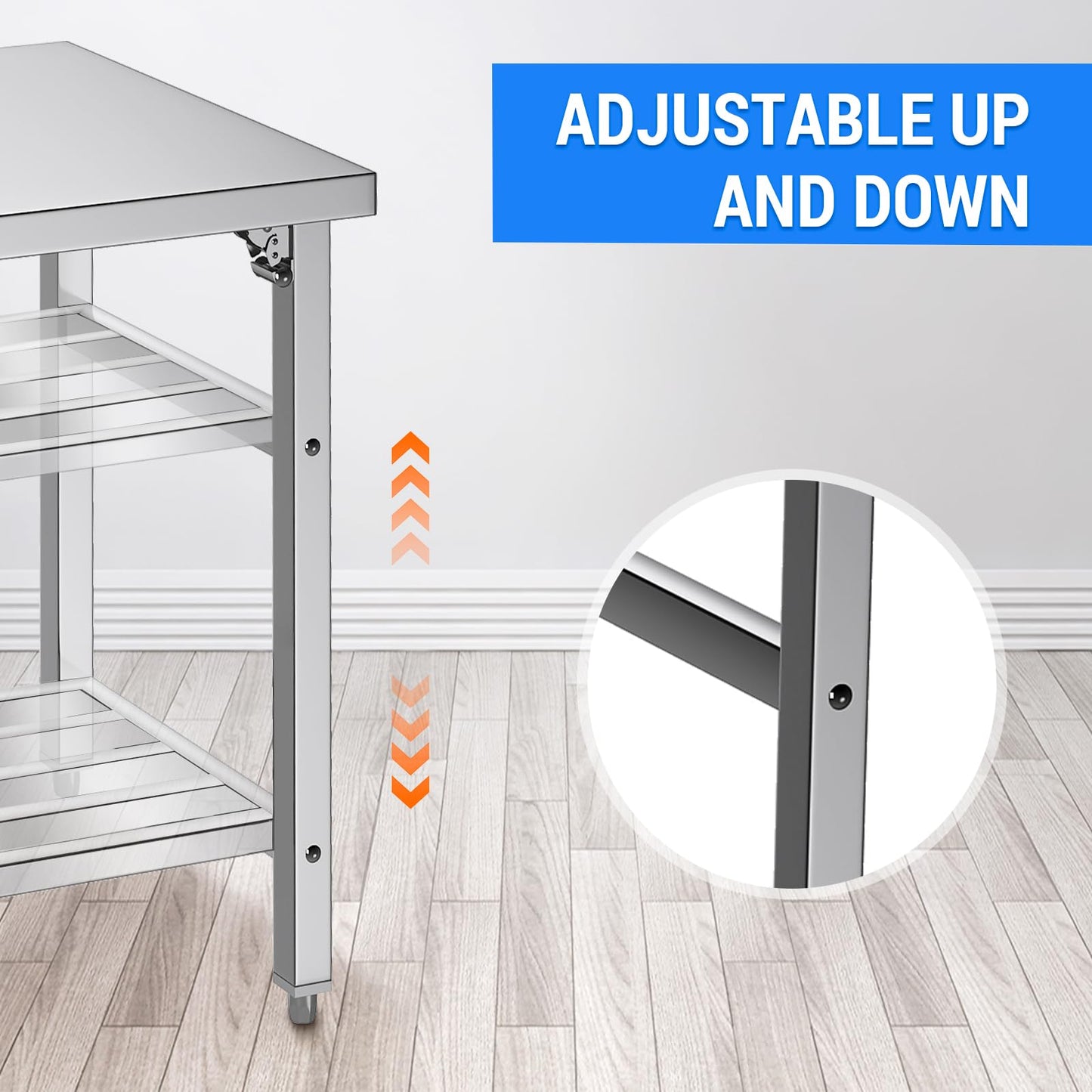 Mioleu Commercial Foldable Heavy Duty Stainless Steel Table, 48 x 24 Inches Metal Prep & Work Desk with Adjustable UnderShelf and Feet for Kitchen Restaurant Home Garage Warehouse