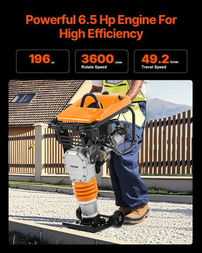 VEVOR Jumping Jack Compactor, 6.5 HP Vibratory Rammer Fuel-Powered 196 cc Engine Tamper, 3600 lbs Impact Force, 26" Max Compaction Depth, for Soil, Gravel, Footings, Concrete Slabs, and Foundations