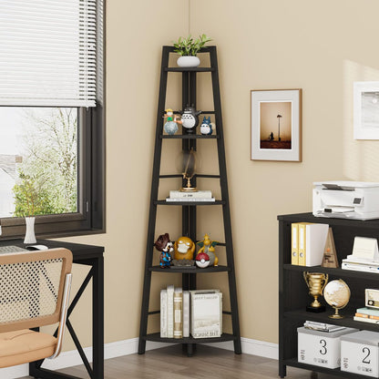 BON AUGURE 5-Tier Corner Shelf, Industrial Tall Corner Bookshelf for Living Room, Narrow Ladder Bookcase with Metal Frame, Rustic Wood Corner Plant Stand for Small Space, Home Office, Black Oak