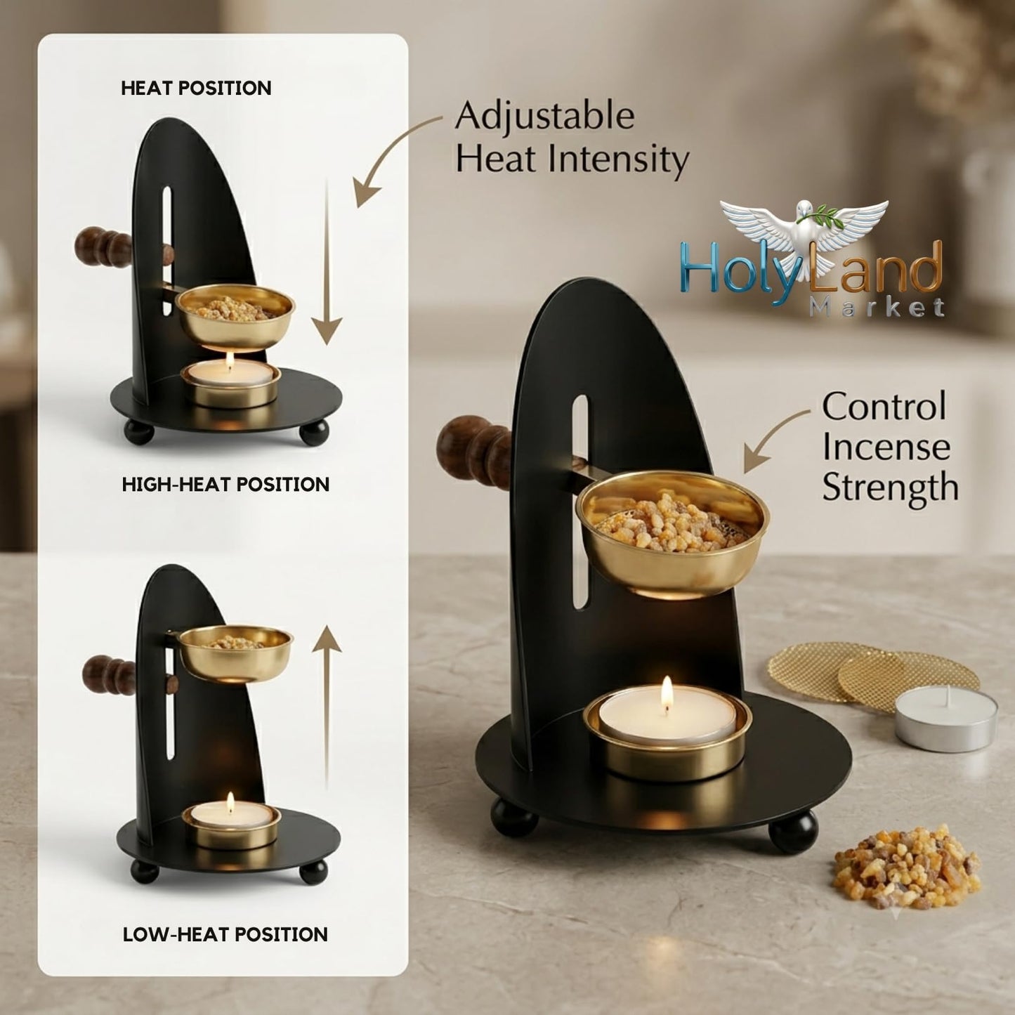 Brass Incense Burner Kit - Candle,Incense and 2 Mesh Screens, Adjustable Charcoal and Tea Light Bakhoor Burner for Resin, Myrrh, Copal at Home, Church, Meditation Space (Brass - Black - Model)