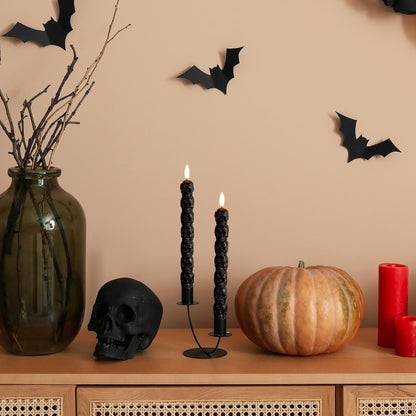 Girimax Black Skull Halloween Flameless Taper Candles with Remote, Flickering Spooky LED Wax Candlesticks Battery Operated, Set of 4
