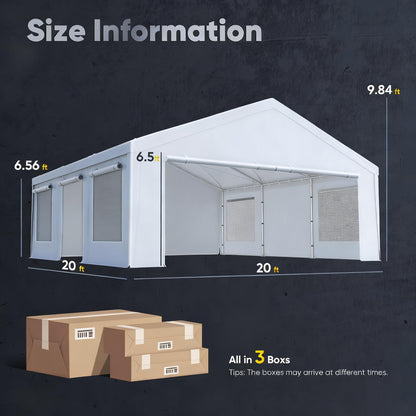 Quictent 20x20 ft Heavy Duty 2 Car Carport, Waterproof Storage Shelter with Zipper Side Doors, Snowproof Steel Cables & Ventilated Windows, Outdoor Garage for Car, White