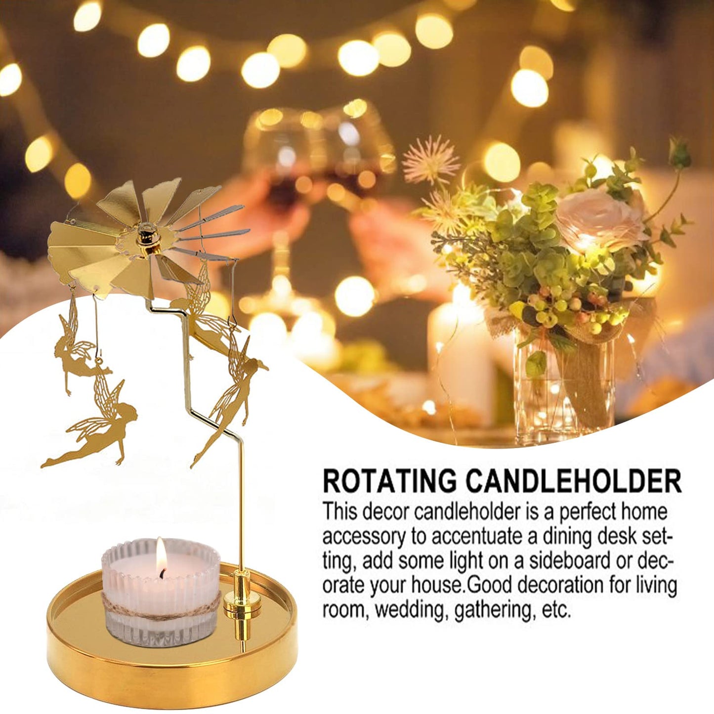 PhantomSky Rotating Candle Carousel Metal Tea Light Candle Spinner Holder, Candlestick Holders for Wedding Birthday Valentine's Day Christmas Party Decoration Home Decor Gifts - Golden Fairy