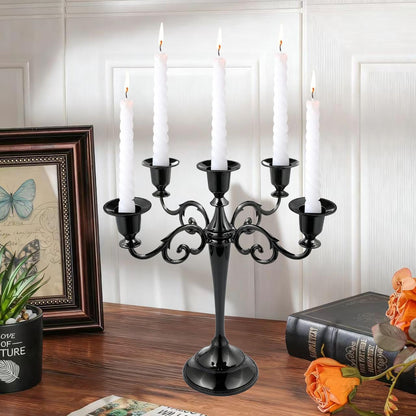 Metal Candelabra Candle Holder for Taper Candles, 5 Arms Black Candlestick Holders 10.24 inch Tall, Gothic Candle Stick Holder for Christmas Halloween Wedding Table Centerpiece Decoration
