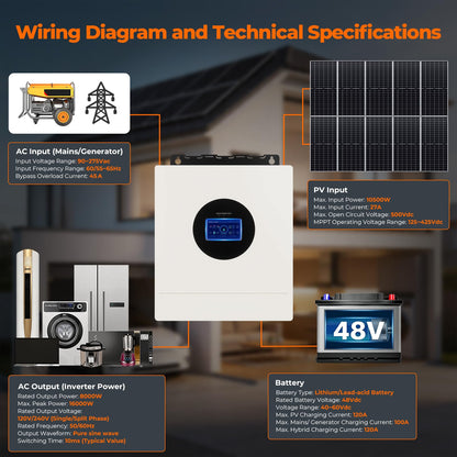AuraSolar 8000W Hybrid Solar Inverter 48V DC to 120V/240V AC Split Phase, Pure Sine Wave Inverter Built-in MPPT 120A Charge Controller, Power Converter for Home Backup Off Grid Solar System
