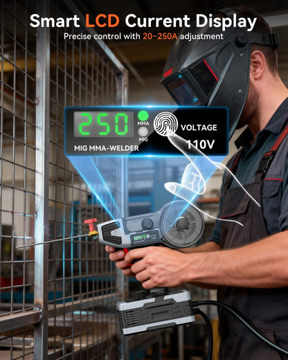 PLOWIC 2 in 1 MIG and Stick Welder: 250A Handheld Portable Welding Machine, 110V Gasless Flux Core Wire Feed Welder & MMA ARC Welder Gun, 3.97lb w/LCD Display, for .032"/.040" Wire and 3/32"-1/8" Rod