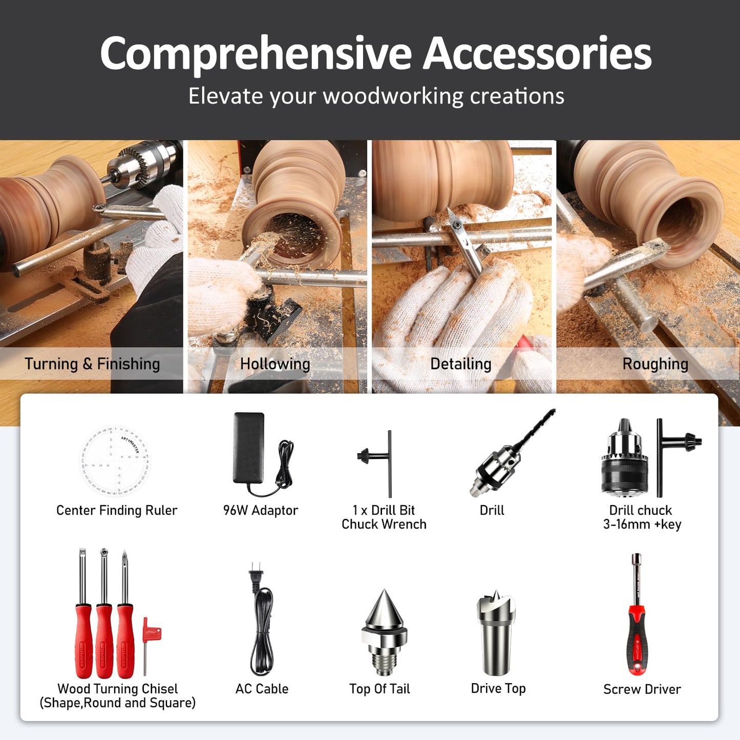 Mini Lathe, WM101A Mini Wood Lathe Machine, 24VDC 96W Power Lathe, Small Benchtop Lathe with Wood Turning Lathe Tools Kits, Infinitely Variable Speed, Professional for DIY Woodworking.