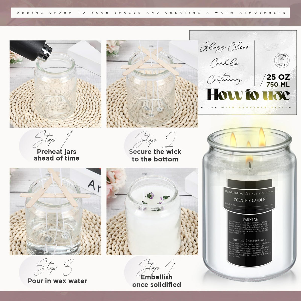 Ziliny 6 Pack 25 oz Glass Candle Jars with Airtight Lids Large Thick Clear Candle Containers with 10 Warning Labels Wooden Wick Holders